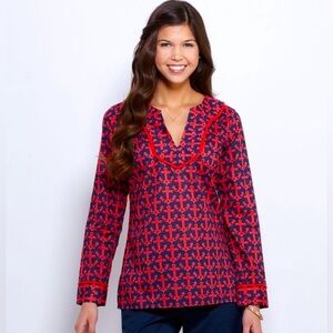 Vineyard Vines Red and Blue Anchor Graphic Sailor Collar Blouse with Rope Trim